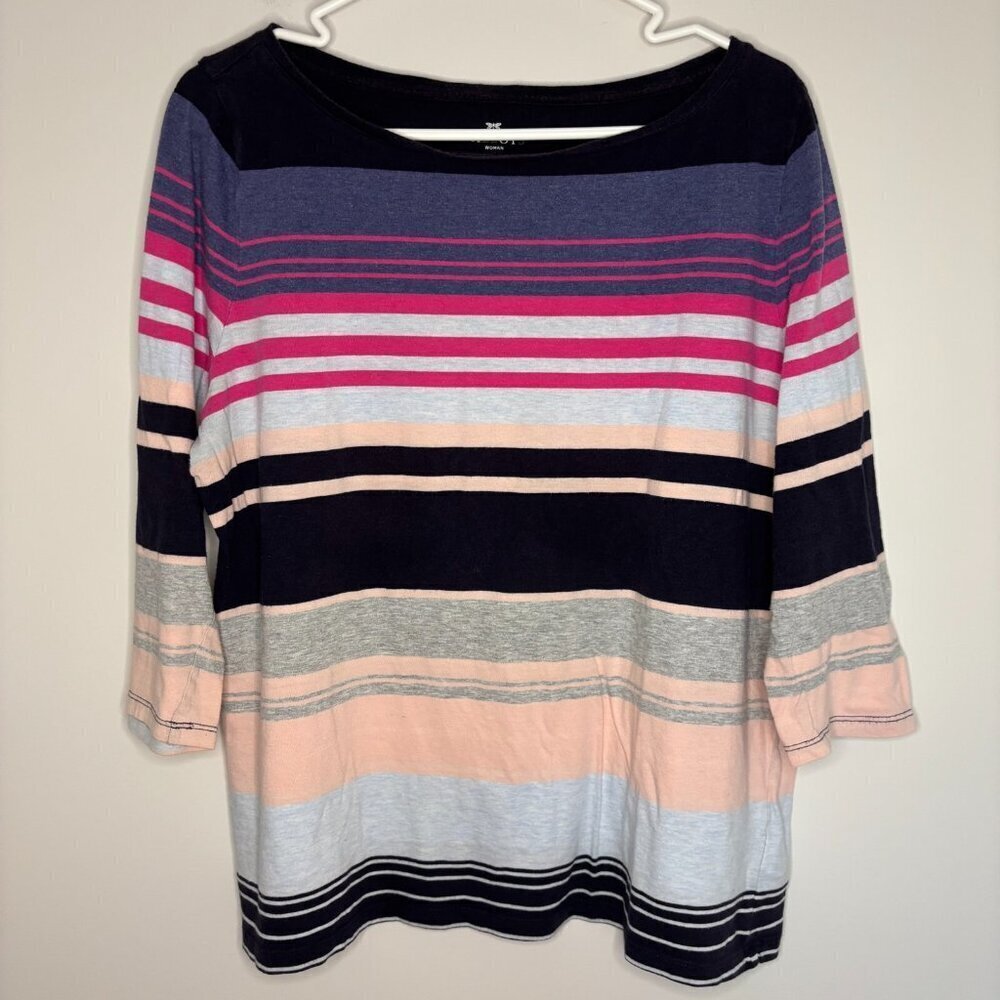 TALBOTS WOMAN Tee 1X Blue Pink Gray 3/4 Sleeve Stripes Colorful